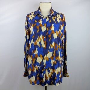 ANNA KAY Button Front Blouse Top Long Sleeve Spread Collar Abstract Print Blue L